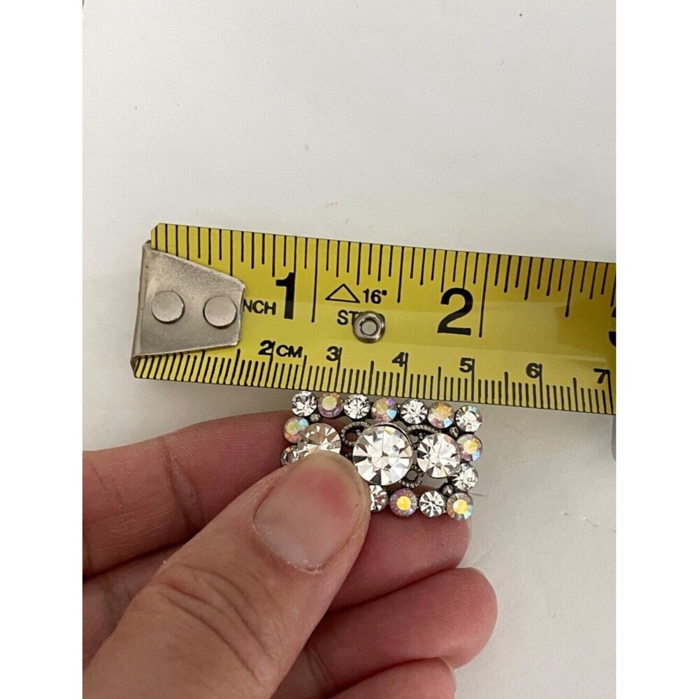 Large Rectangular Button Silver Tone Filagree w/Clear & Iridescent Rhinestones - Picture 9 of 13
